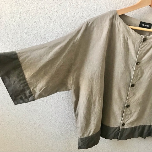 Eskandar 100% Linen Boxy Button Front Top Size 1 Medium Tan Green Khaki Luxury - Picture 3 of 8
